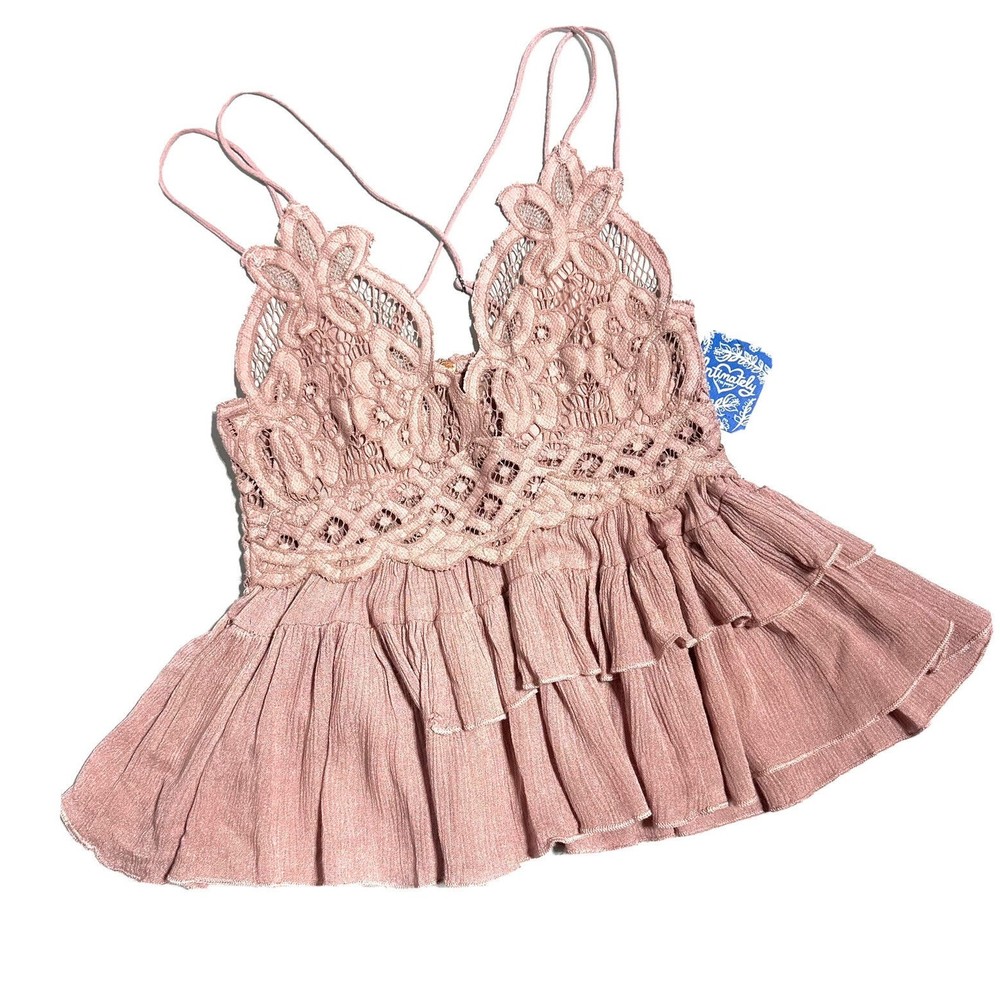 Free People Adella Cami Pink Dusty Mauve Boho Lace Strappy Blouse Top Size XS